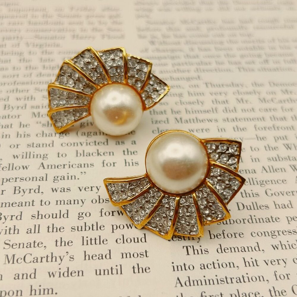Butler Vintage 1960s clip-on earrings, oversized faux pearl & rhinestones